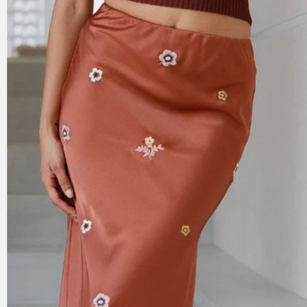 NWOT jacquie the  label Sundown Bloom Midi Skirt Brown/Orange Size S